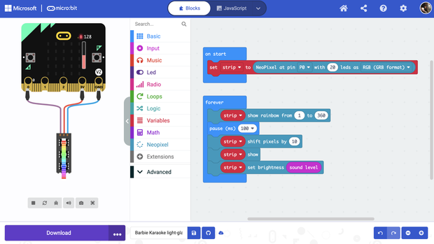 how to set up neopixels in makecode for micro:bit * 04... Barbie's Karaoke Voice-Activated Glasses With Voice-Responsive Light ...