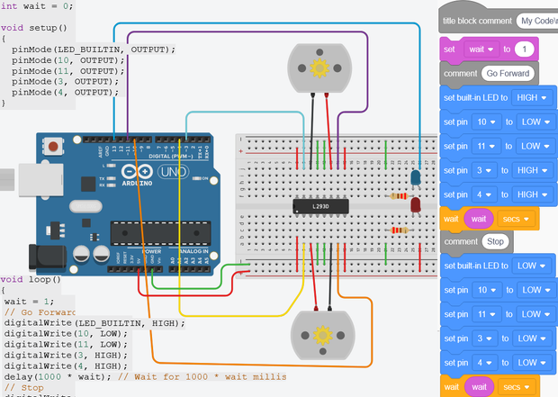 Arduino With Dual Motor Tank Coded in TinkerCad Codeblocks and